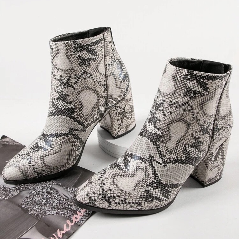 White Pointy Toe Block Heel Snakeskin Ankle Boots